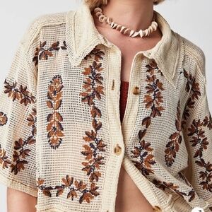 We The Free Costa Brava Ivory Brown Crochet Knit Oversized Shirt Size XS Boho